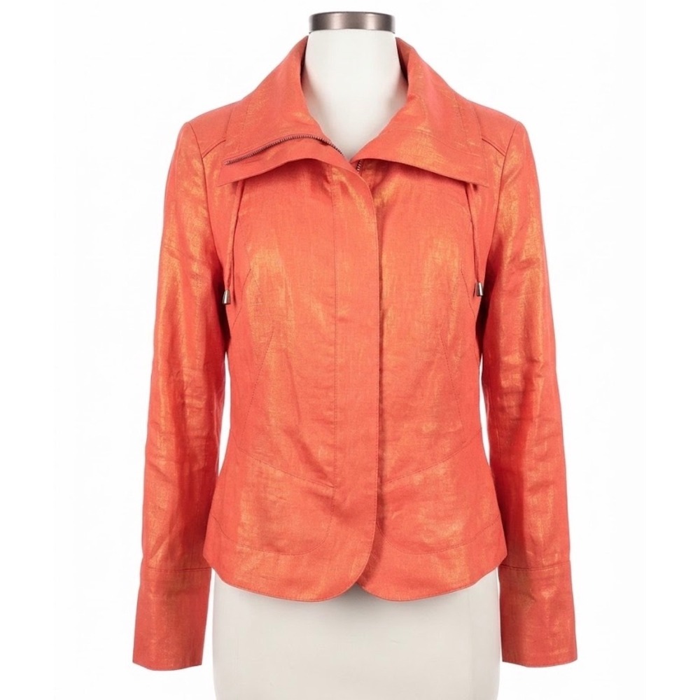 Lafayette 148 New York Metallic Coral Linen Asymmetrical Zip Jacket Size 8